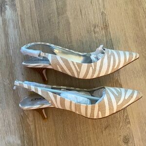 Chicos NEW shoes. Low heel. Beige white stripes. Size 7 1/2. Heel strap.